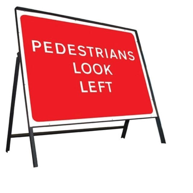 Pedestrians Look Left Stanchion Sign