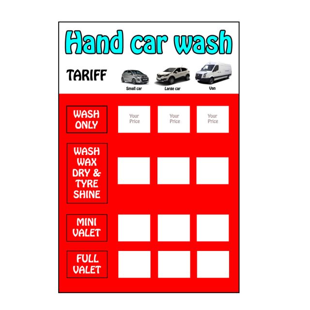 Hand car wash tariff sign