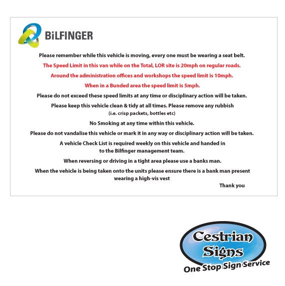 BiLFINGER Vehicle Decal SA label logo with ‘Car use rules’ 